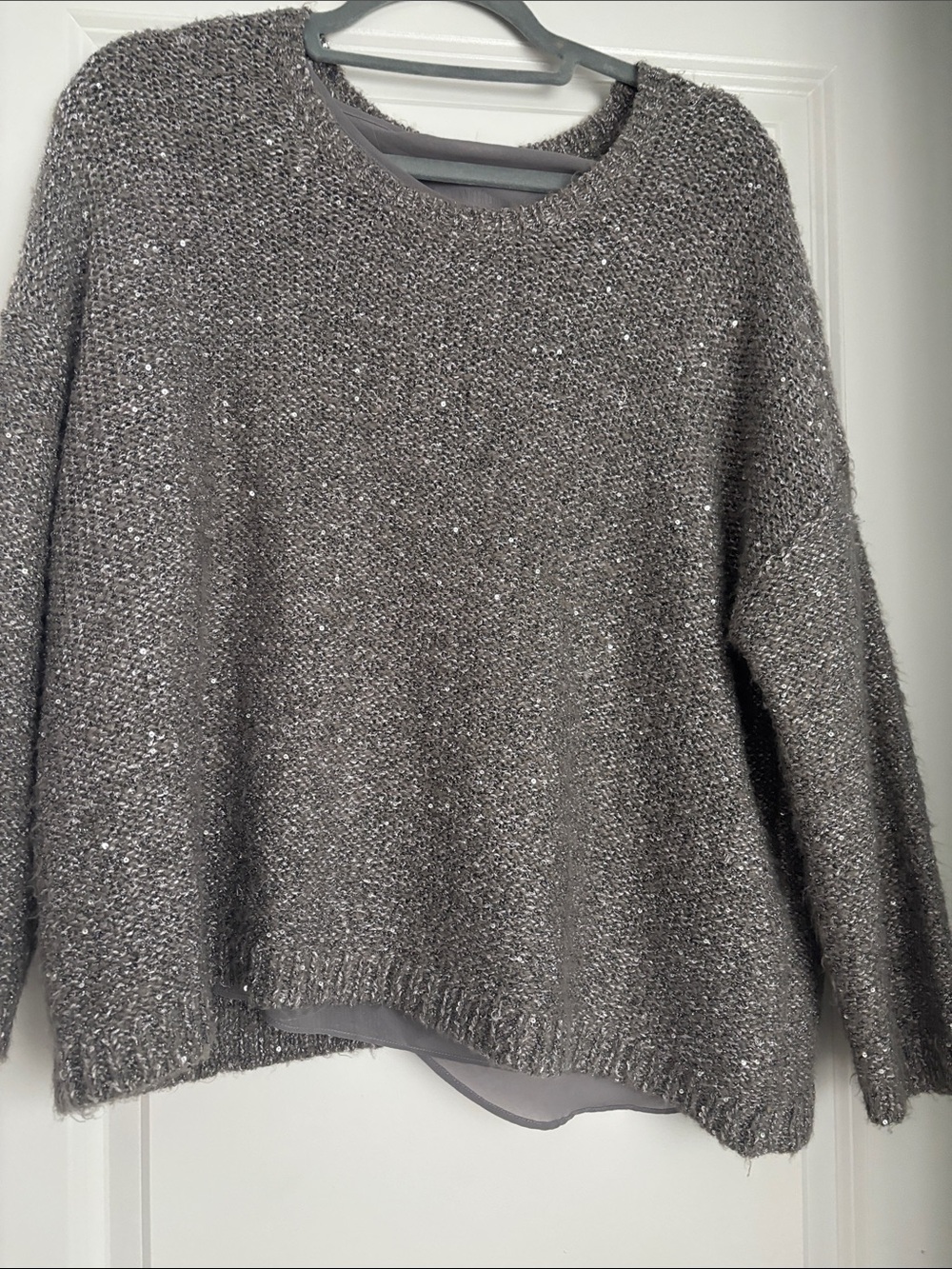 Jennifer Lopez Metallic Gray Crewneck Sweater